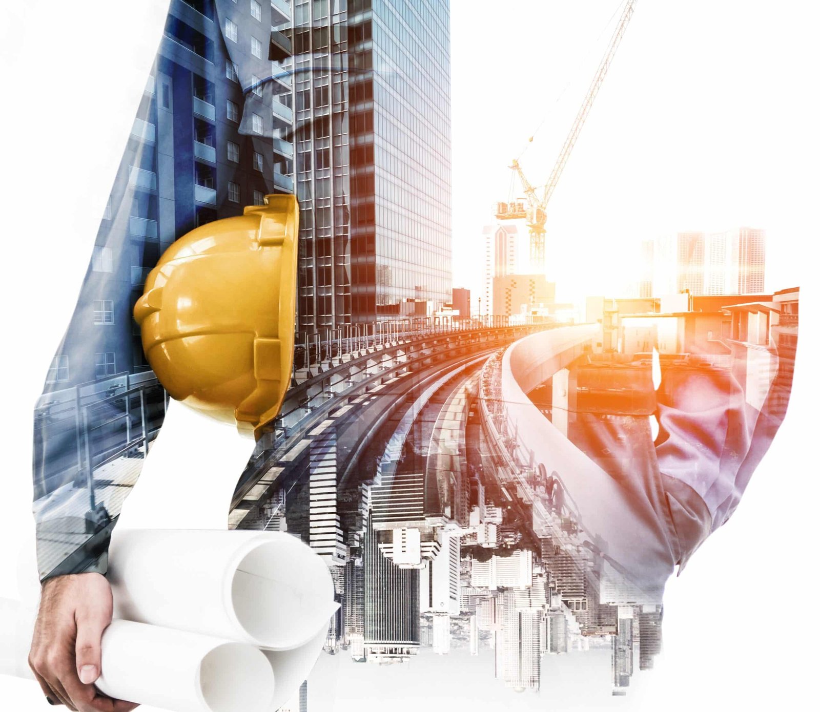 future building construction engineering project concept with double exposure graphic design building engineer architect people construction worker working with modern scaled