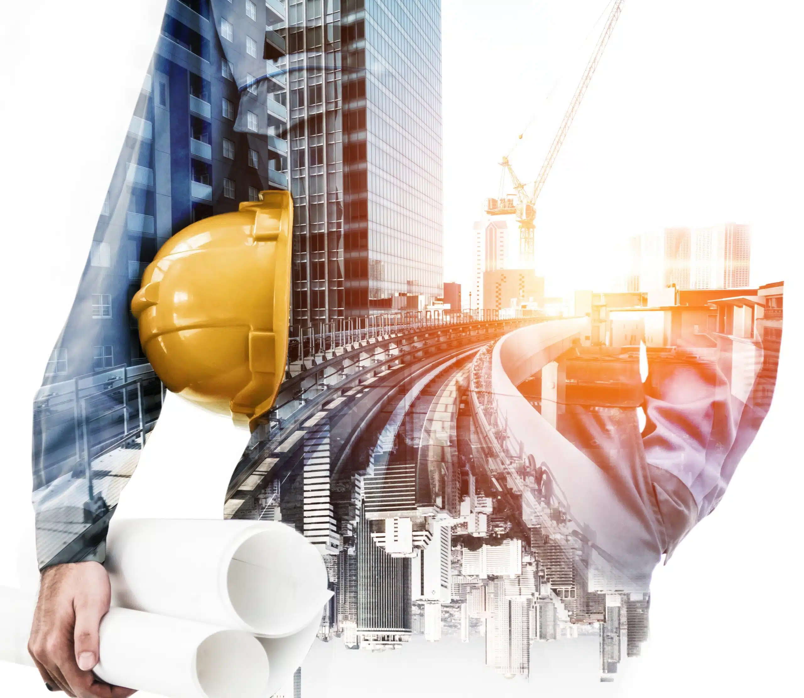 future building construction engineering project concept with double exposure graphic design building engineer architect people construction worker working with modern scaled