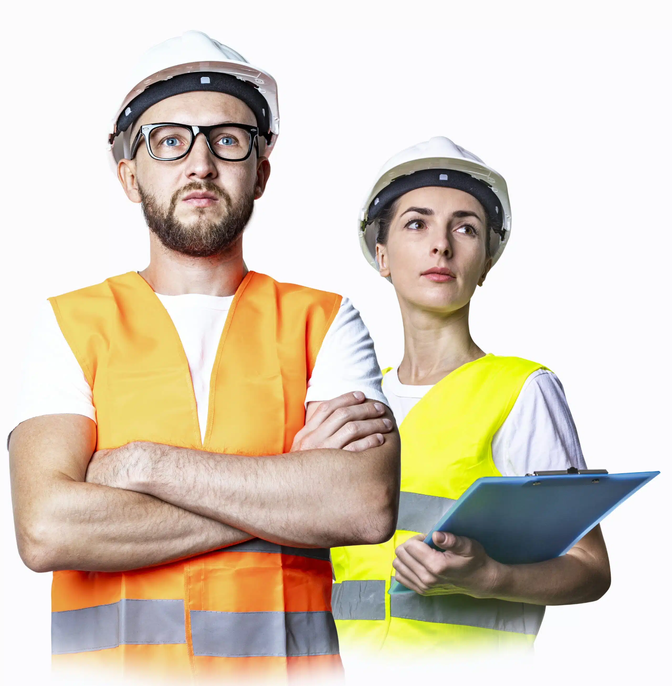 young man woman construction clothes white background scaled