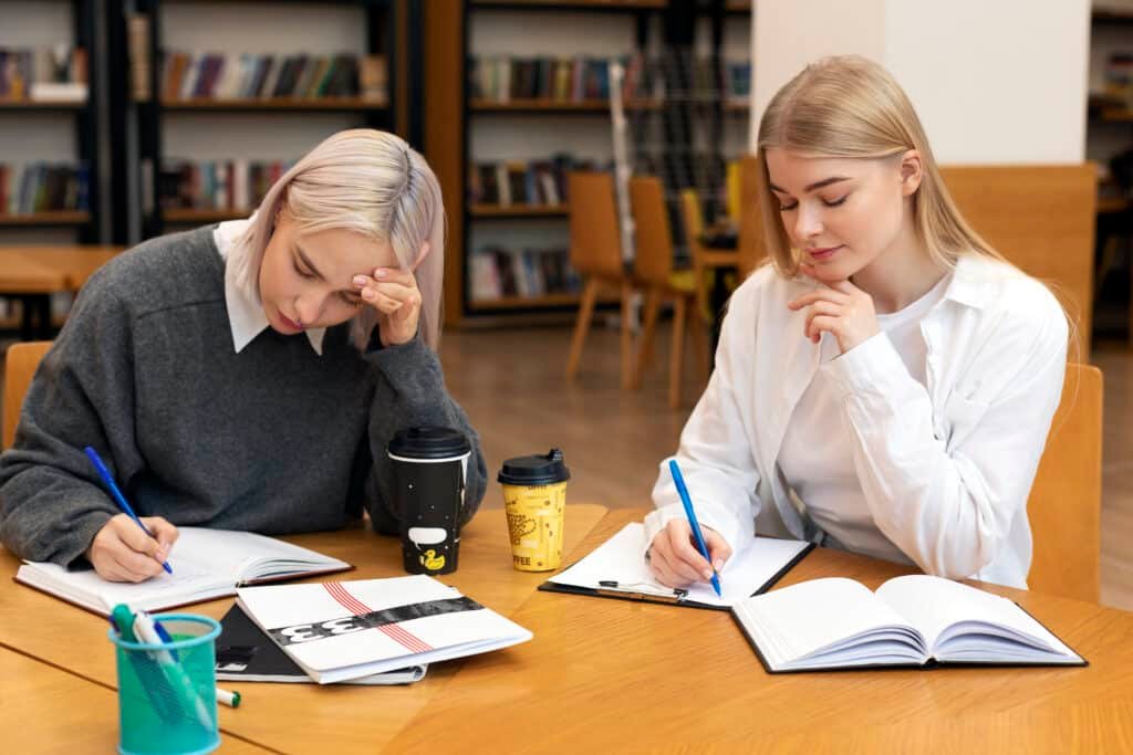 young women studying library